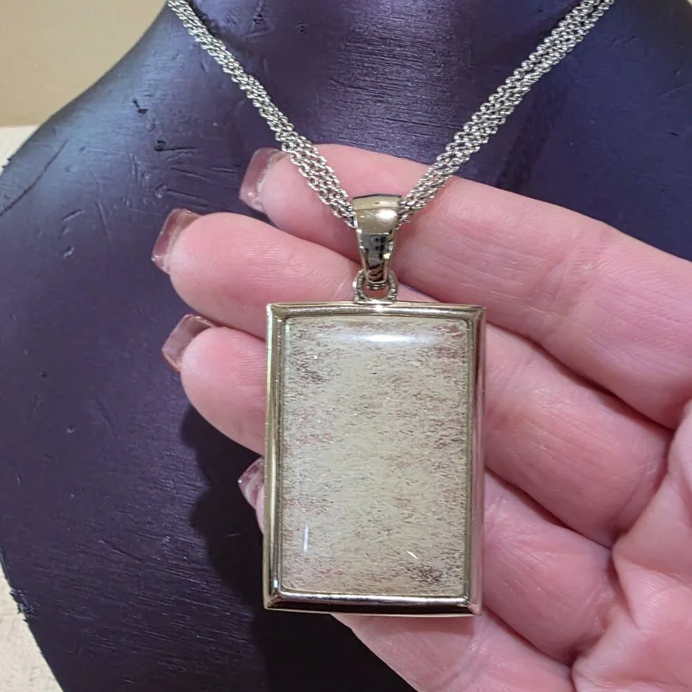 Vintage Transluscent Rectangle Silver Frame Triple Chain Necklace Near Mint